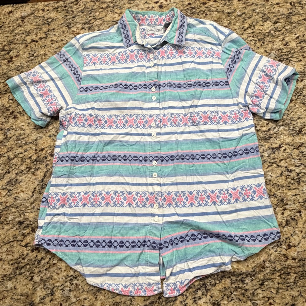 Vintage Cabin Creek Womens L Striped Geometric Short Sleeve Button Down Shirt